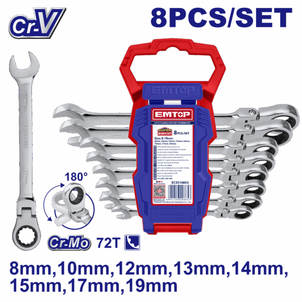 Juego de 8 llaves combinadas con matraca de cabeza flexible, 8 - 19 mm, Cr-V