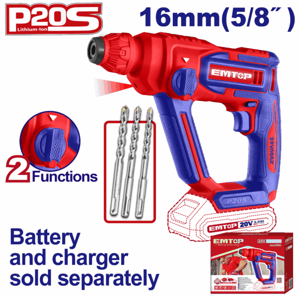 Rotomartillo SDS Plus, 1.5 J, Inalámbrico 20 V