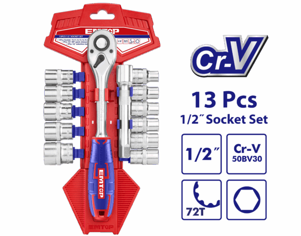 Juego de ratchet y dados de 1/2", 13 piezas, Cr-V