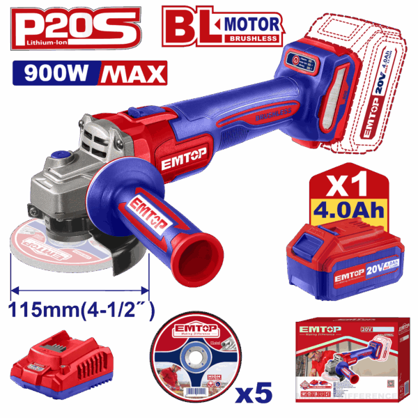 Esmeriladora inalámbrica Brushless, velocidad variable 20 V incluye discos, batería 4.0 Ah y cargador