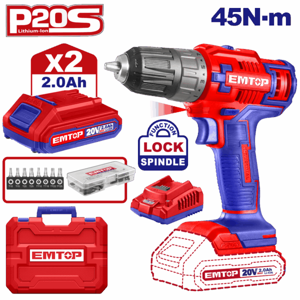 Kit Taladro-Atornillador 3/8", 45Nm, inalámbrico de 20 V, incluye accesorios, puntas, 2 Baterías y 1 cargador