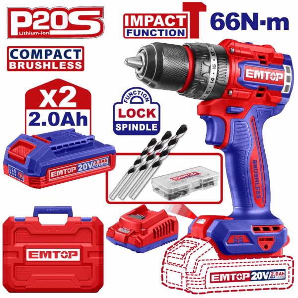 Taladro Percutor inalámbrico 20 voltios, brushless, mandril de 1/2 metálico, torque 66NM