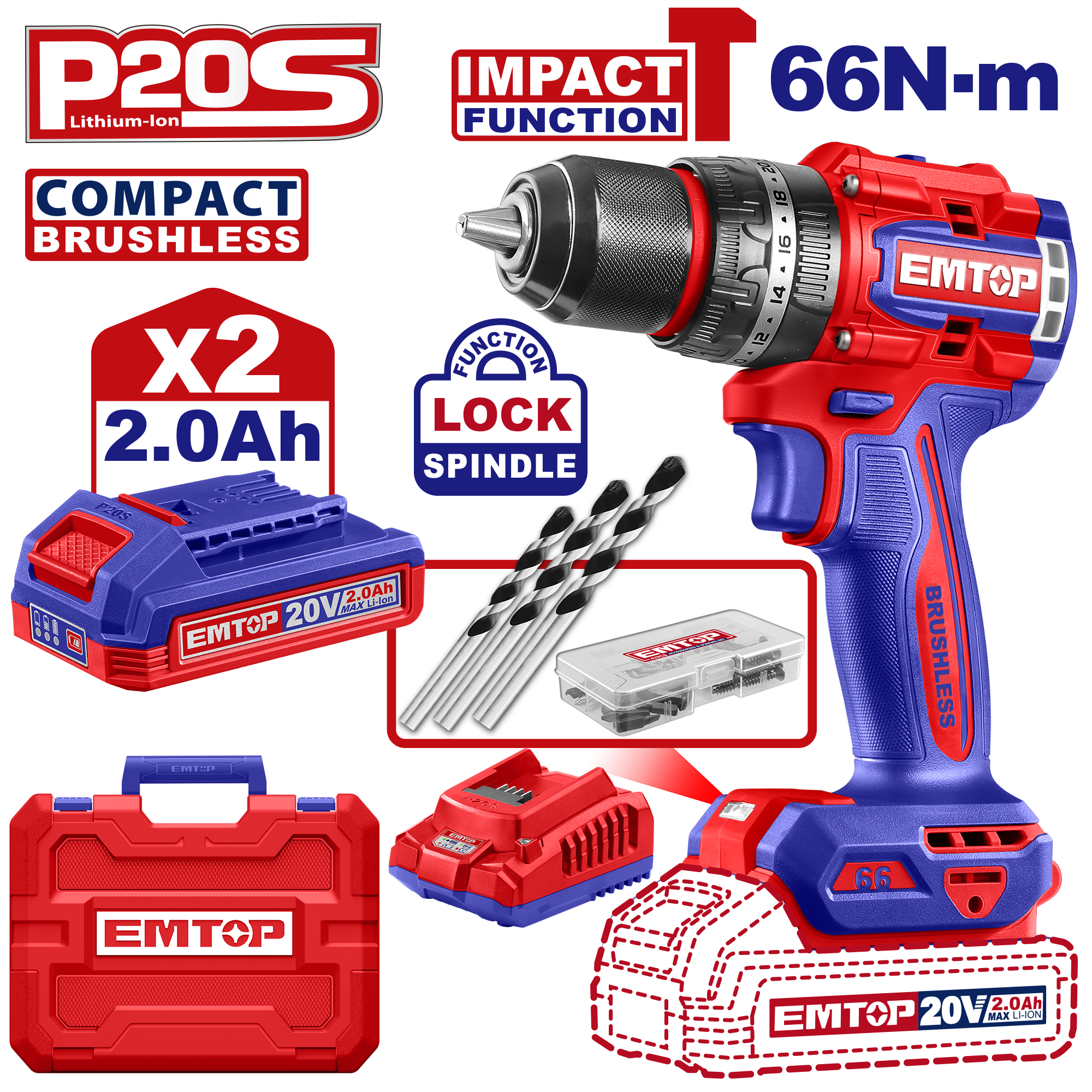 Taladro Percutor inalámbrico 20 voltios, brushless, mandril de 1/2 metálico, torque 66NM