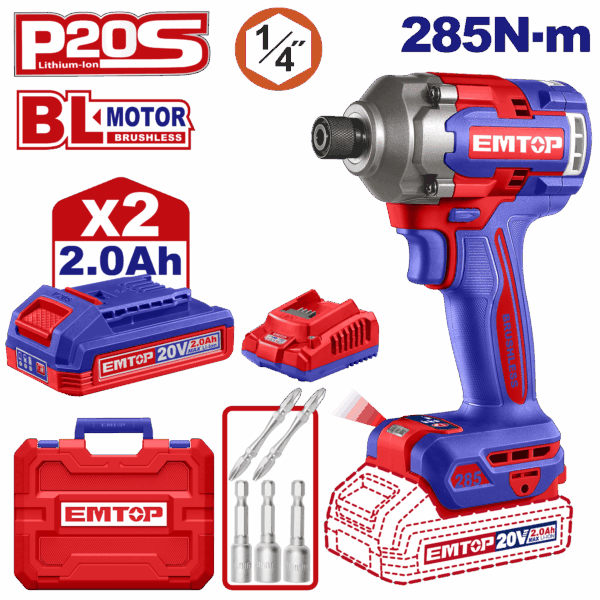 Kit de Atornillador de impacto 285 Nm inalámbrico con 2 baterías y 1 cargador