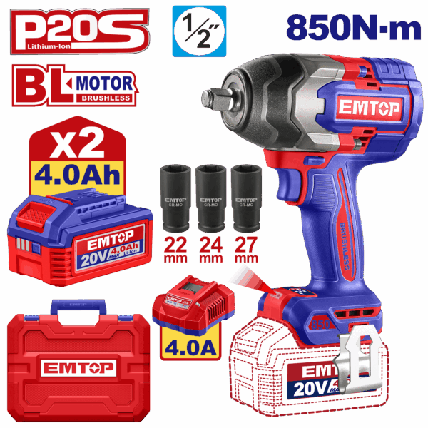 Kit Llave de impacto 1/2", 850 Nm, Motor Brushless, Inalámbrico 20 V, incluye 3 dados, 2 baterías y 1 cargador